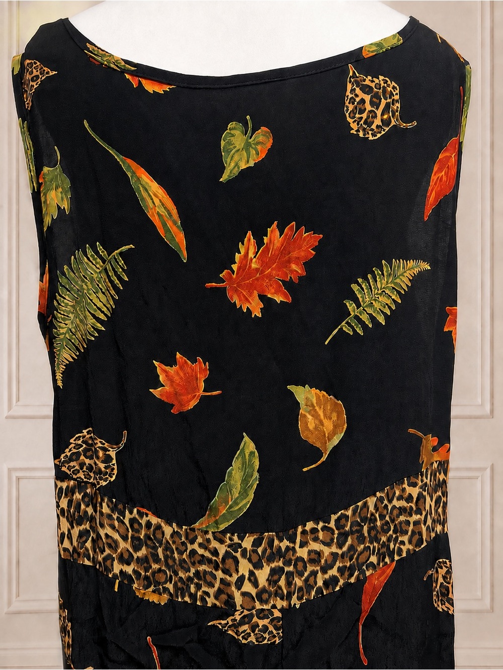 Vintage 90s CLIO 1X Black Autumn Leaf Leopard Print Rayon Maxi Dress Witchy Fall - Picture 5 of 8